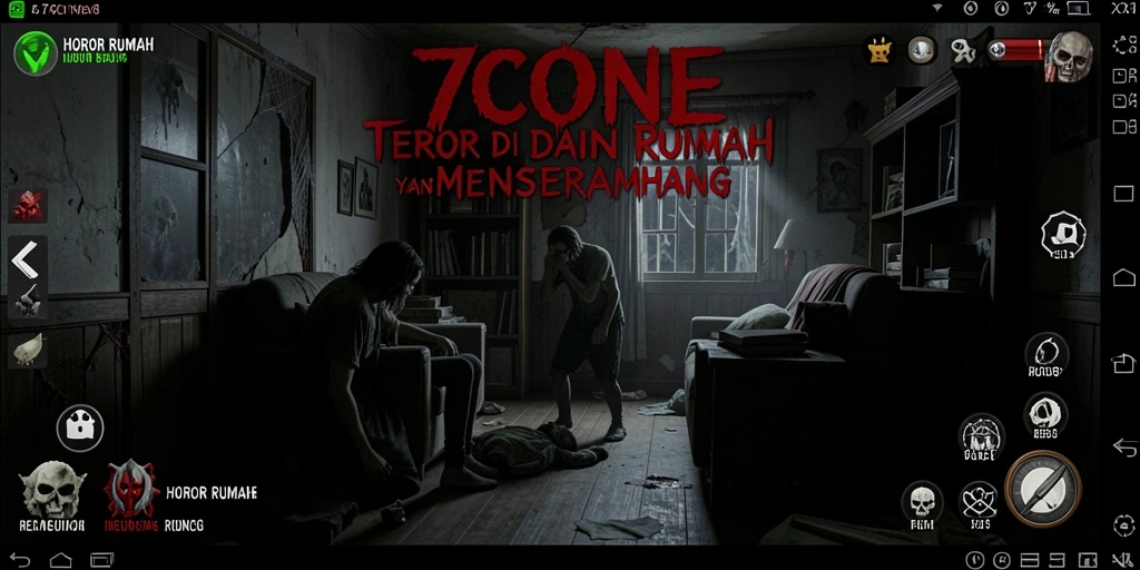 Antarmuka permainan Horor Rumah dengan suasana menyeramkan.